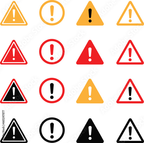Icon set of caution  warning  danger  exclamation  attention . Round and triangle icons  flat vector illustrations  isolated on white  transparent background