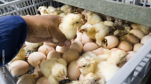 Photo Hatching eggs in modern  incubator hatchering  machine, A newborn chicken is knocked out of an eggs ,brood of small chicks