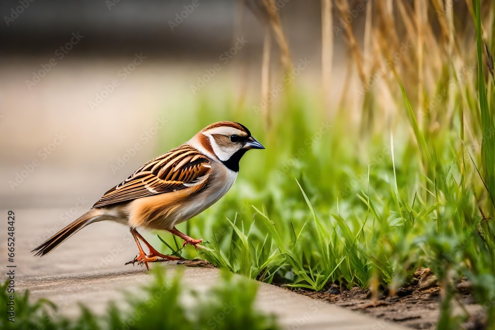 a small sparrow hopping on the edge of a sidewalk around tall grass a small sparrow hopping on the edge of a sidewalk around tall grass