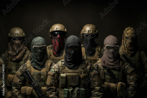 Group of soldiers with guns and masks on a dark background, Military concept, Masked Defenders, warfare, combat soldiers photo