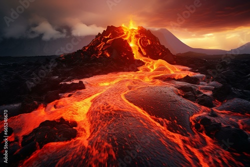 lava flowing from volcano, natural landscape, mountain. Generative AI