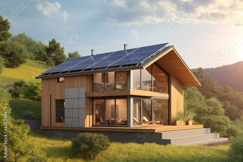 Sustainable home with solar and wind power, promoting eco-friendly living. Generative AI © Enzo