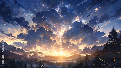 ［AI生成画像］日没の大空、森林1 photo