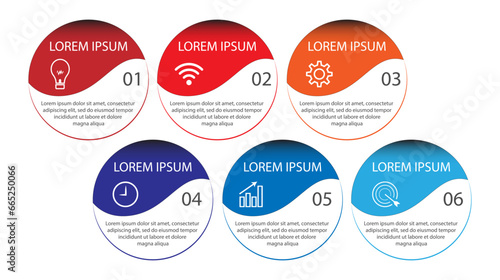 six step infographic design, simple design, lines, colors, icons, 6 parts, suitable for your business presentation