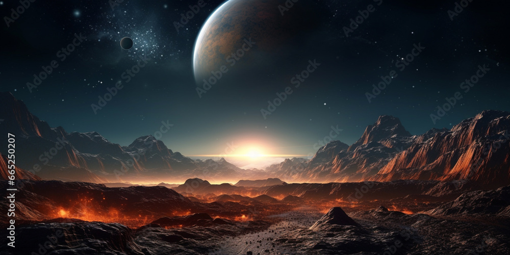 Planets and galaxy science fiction A planet with a moon and a planet in the background. AI Generative
