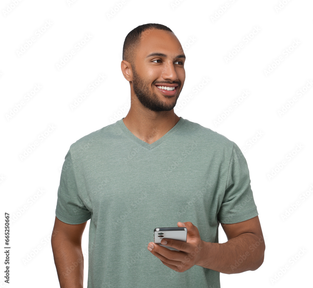 Happy man sending message via smartphone on white background Happy man sending message via smartphone on white background