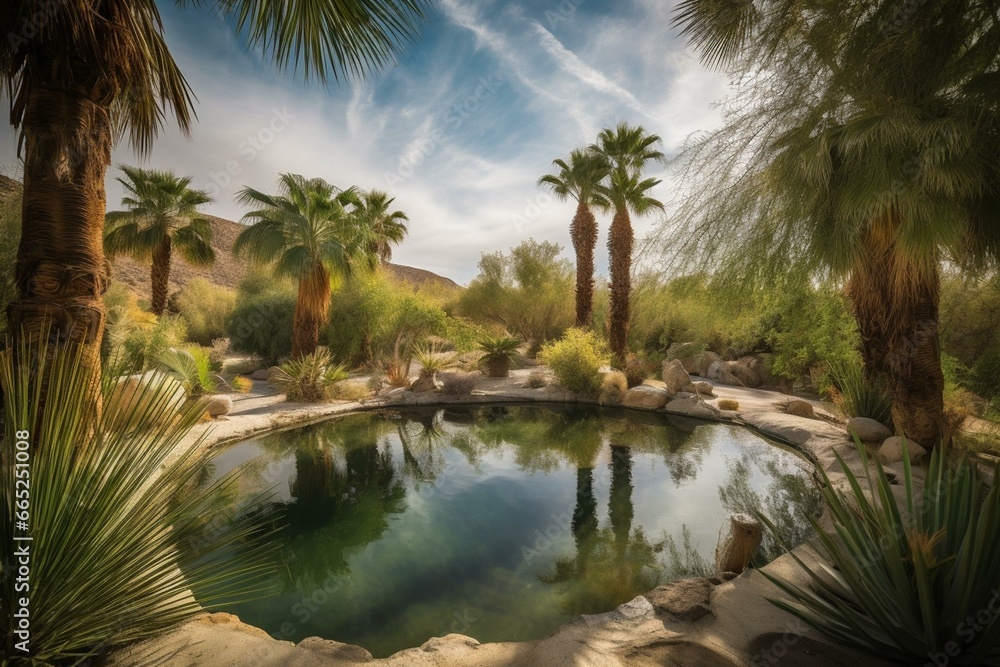 Serenene desert retreat surrounded by tropical palm trees and a serene pond. Generative AI