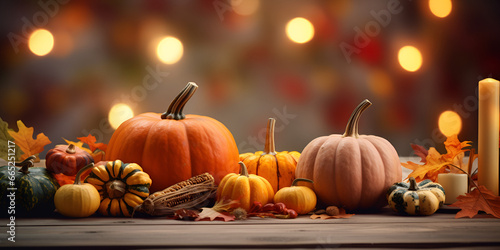 Pumpkins on a Rustic Wood Table Illuminated by a Warm Yellow Bulb background ai generated