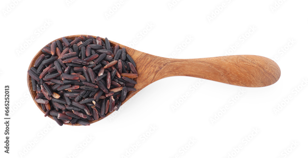 Spoon with raw black rice isolated on white, top view Spoon with raw black rice isolated on white, top view