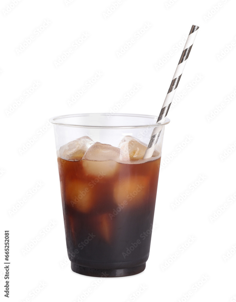 Refreshing iced coffee in plastic cup with straw isolated on white Refreshing iced coffee in plastic cup with straw isolated on white