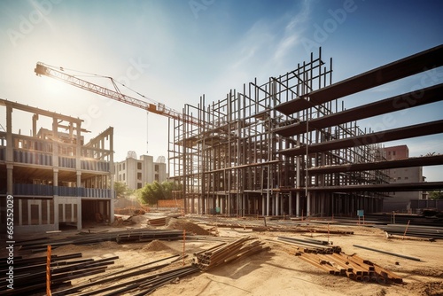Construction site with cranes, steel frame buildings, brick buildings, and structural steel beams. Generative AI photo