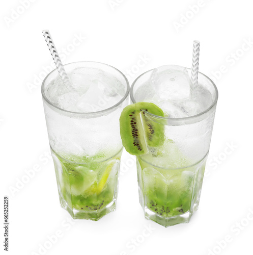 Glasses of refreshing drink with kiwi isolated on white