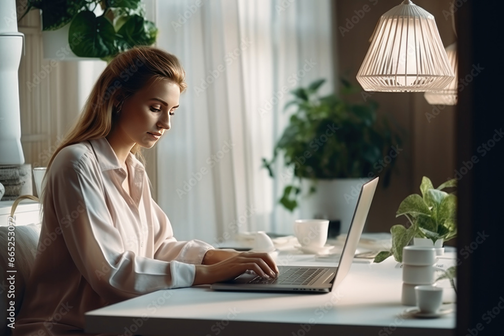 young woman working in an office at a computer young woman working in an office at a computer