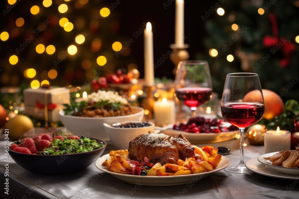 Christmas dinner on the table against the background of the Christmas tree Christmas dinner on the table against the background of the Christmas tree