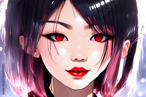 Anime woman. Girl with wide open eyes. Manga Anime girl cartoon. Beautiful anime female face illustration. Graphic design for avatar. Cute woman drawing. Close up face of dreamer young woman drawing.