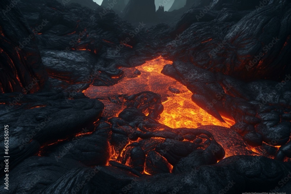 Fototapeta premium A fiery cavern with molten rock and a distant peak. Generative AI