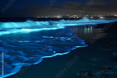 Vivid luminescent waves illuminating the nighttime beach. Generative AI © Lirien