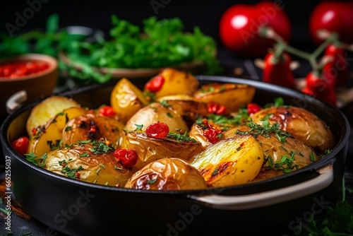 Potatoes cooked in different styles with herbs, served with salad and vegetables. Generative AI