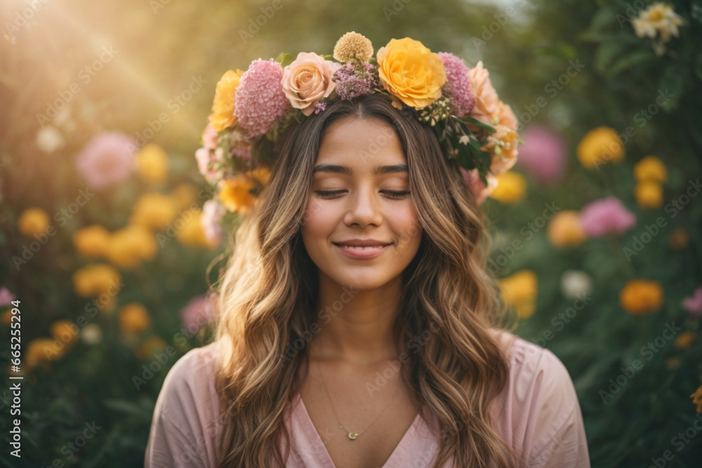 Woman with her head covered in flowers. Mental health, psychological treatment concept, meditation and mindfulness. Psychology theme, think positive, have good thoughts in mind.
Woman with her head covered in flowers. Mental health, psychological treatment concept, meditation and mindfulness. Psychology theme, think positive, have good thoughts in mind.