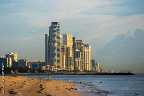 A gorgeous summer landscape at the beach with hotels, condos and skyscrapers in the city skyline at sunrise with birds on the sand, blue sky and clouds at Bal Harbour Beach in Miami Beach Florida