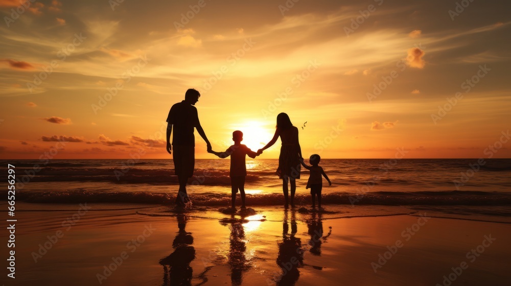 Silhouetted Happy Asian Family Playing And Having Fun On The Beach At Sunset. Recreation, relax, holiday, vacant time. Silhouetted Happy Asian Family Playing And Having Fun On The Beach At Sunset. Recreation, relax, holiday, vacant time.