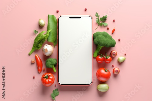 Smartphone with blank screen and fresh groceries. online grocery shopping app photo