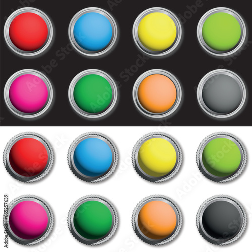 Free Download Vector variation of silver colorful buttons. Illustration of blank buttons with shadows in basic palette colors with round or wavy edges, isolated. - GFXLoad
