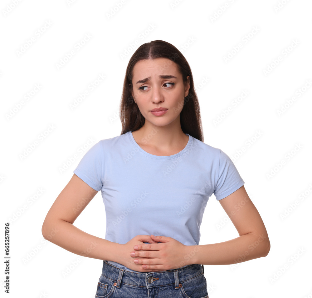 Woman suffering from abdominal pain on white background. Unhealthy stomach Woman suffering from abdominal pain on white background. Unhealthy stomach