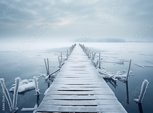winter landscape of an ice and snow-covered jetty by a lake in the early morning.