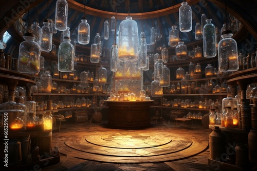 Old sorcerer chamber filled with jars and elixirs – computer-generated visual representation. Generative AI