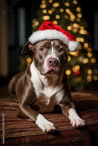 A full-body Pitbull dressed in a Christmas outfit, Santa hat, festive bokeh lights background © Anisgott