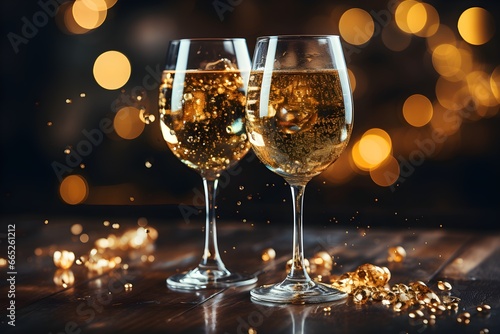 Two glasses of champagne with confetti, glitter, serpentine and lights. Night celebration concept. ai generative