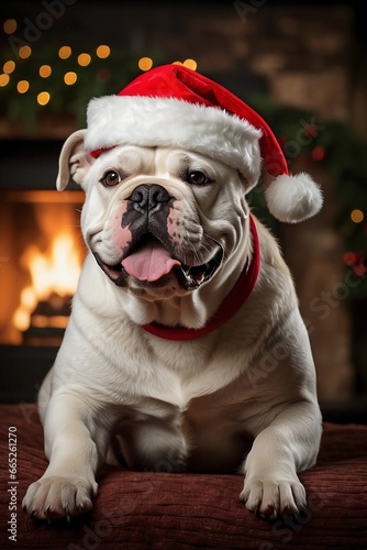 A full-body Bulldog dressed in a Christmas outfit, Santa hat, festive bokeh lights background © Anisgott