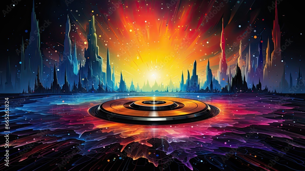 Mesmerizing cosmic landscape with vibrant spires, a radiant sunburst, and a central vinyl capturing the essence of musical universe.

