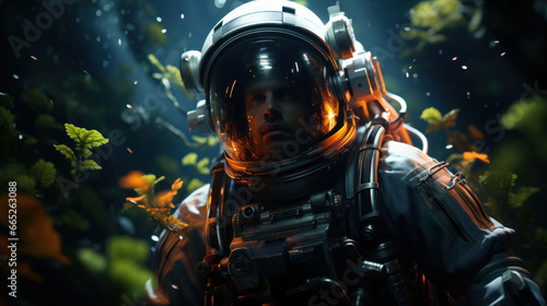 Close-up portrait of a space explorer surrounded by a luminous alien forest, exuding an air of intrigue. 