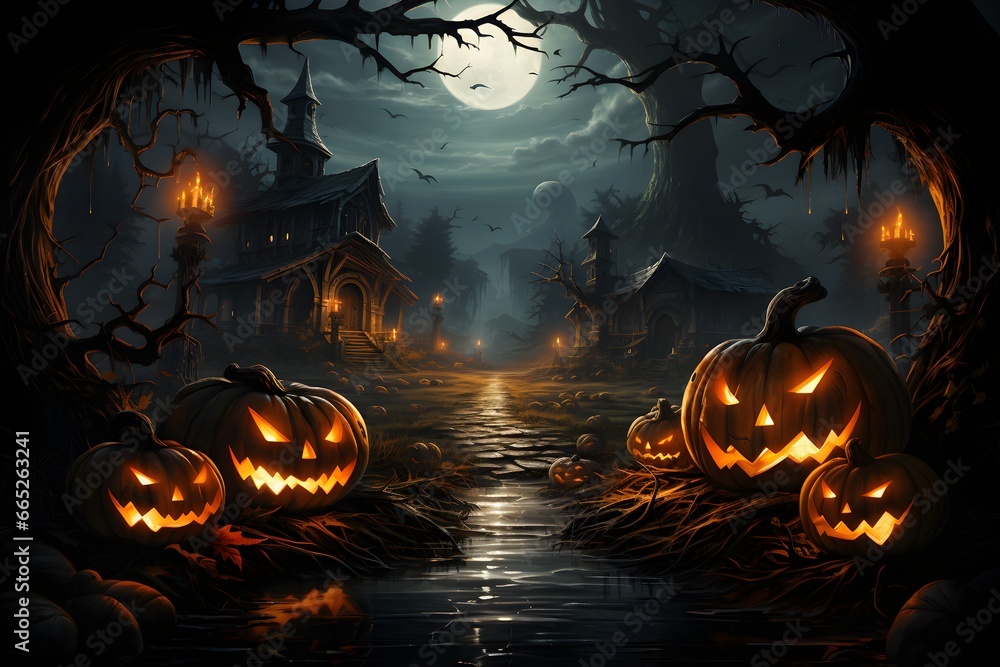 Fototapeta premium illustration of illuminated carved pumpkins with different evil faces in darkness at Halloween night