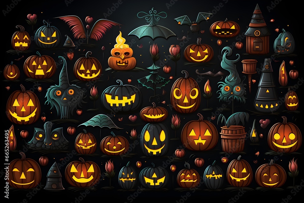 illustration of illuminated carved pumpkins with different evil faces in darkness at Halloween night