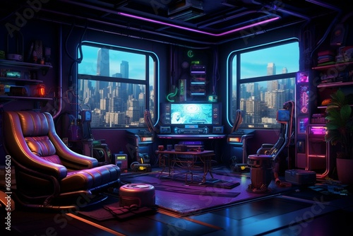 vibrant cyberpunk room. Generative AI