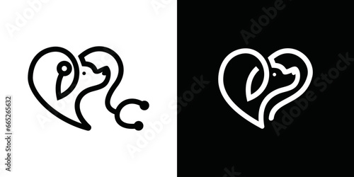 dog logo design template with love. pet care design stethoscope concept element. linear style symbol vector illustration. pet health logo design