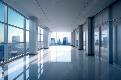 Front view of a vacant business center corridor with a presentation area on the shiny floor, surrounded by elevators and city view through a large window. Generative AI