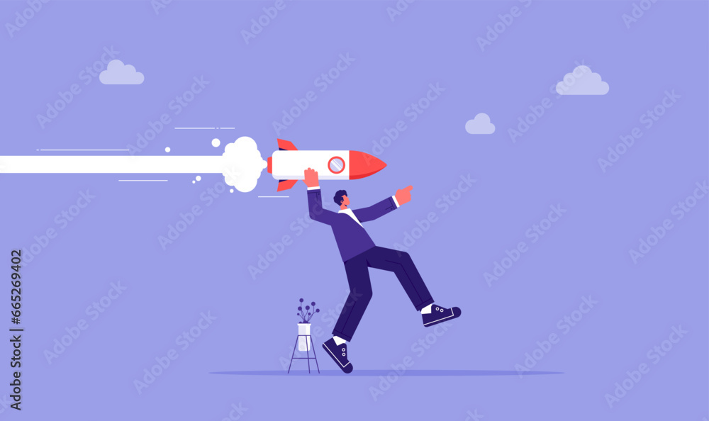 Startup and successful innovation business launch concept, business man with flying rocket, start of new project, vision, ambition and business goal Startup and successful innovation business launch concept, business man with flying rocket, start of new project, vision, ambition and business goal