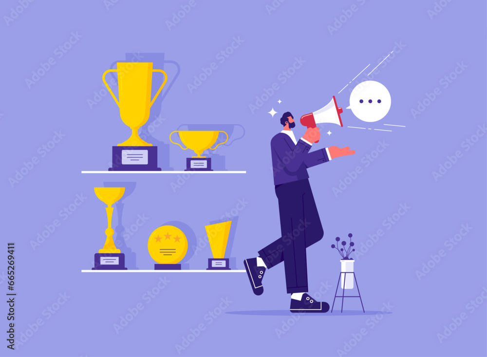 Telling story or inspire people, aspiration concept, success story to motivate people to develop, businessman telling success story with megaphone with winner trophy
