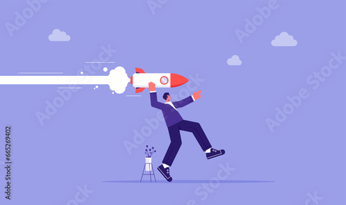 Startup and successful innovation business launch concept, business man with flying rocket, start of new project, vision, ambition and business goal