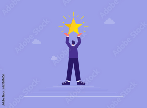 Success, goal achieving concept. Businessman winner with star standing on top of career peak, victory and target achievement