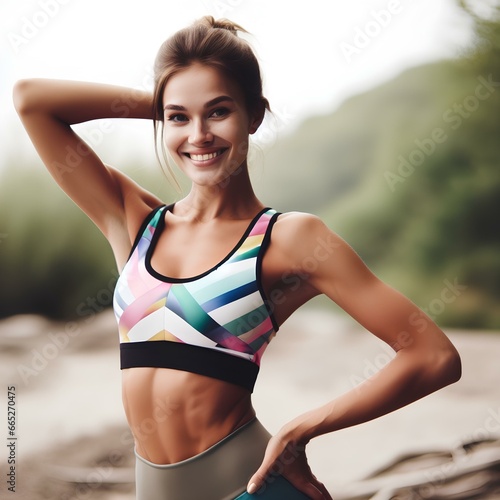 A woman in exercise clothes stood and smiled and looked like she was in great shape with AI generated