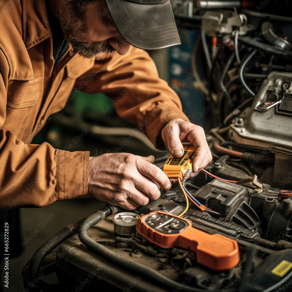 a mechanics hands using a screwdriver 

