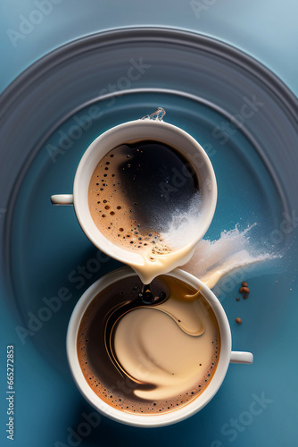 A cup of coffee with splash, on a reflective surface. Generative AI_13.