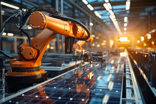 Orange industrial robot arm assembles solar panels at production line in background of bright lighting modern factory. Production concept of technology and environment. photo
