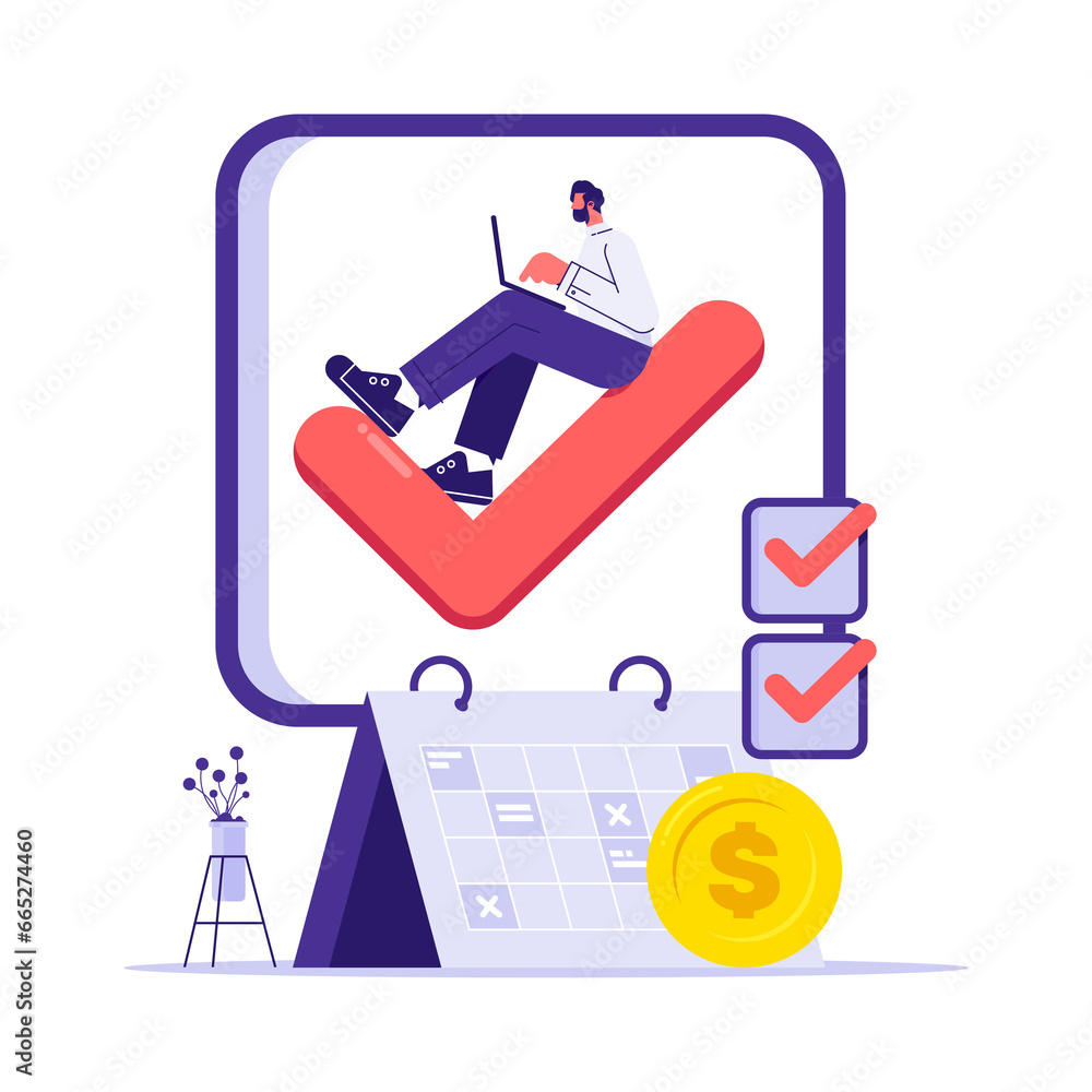 Project task management and effective time planning concept, business tasks scheduling on week, time management and planning deadline, businessman with laptop sit on check mark Project task management and effective time planning concept, business tasks scheduling on week, time management and planning deadline, businessman with laptop sit on check mark