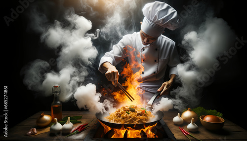 The image depicts a chef, dressed in a white uniform and hat, cooking with a wok on a gas stove. Amidst dramatic smoke and fire, the chef is preparing a dish of noodles with vegetables and meat.